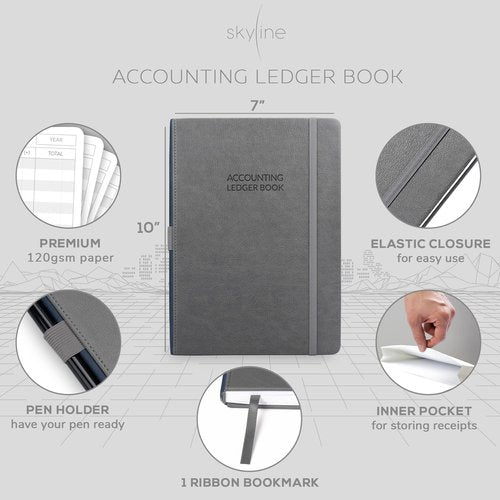 Skyline Accounting Ledger Book – Columnar Log Journal for Personal Use & Small Business Bookkeeping – Expense Log to Track Money Operations – Large Format, 7x10″, 4,712 Entries Total (Gray)