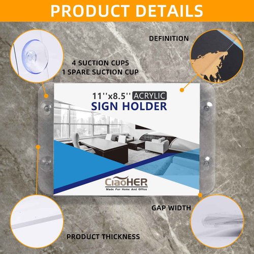 CiaoHER Acrylic Sign Holder 11 x 8.5, Clear Acrylic Frames Glass Window Wall Mount Advertising Signage Sign Holder with 4 Suction Cups for Mall, Office, Home, Restaurant, Landscape (12 Pack)