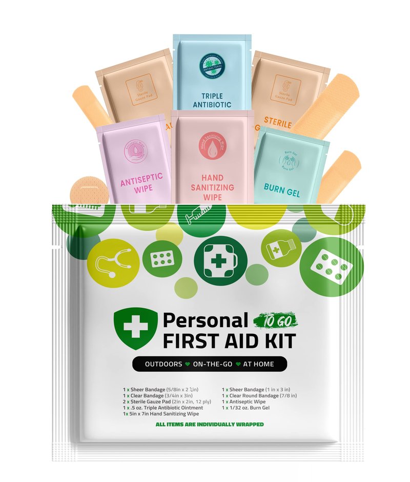 Portable Travel Size First Aid Kit - 60 Pack Case | Perfect for Home, Office, Car, School, Business, Travel, Hiking, Hunting, and Outdoors | Individually Wrapped First Aid Products (Green)