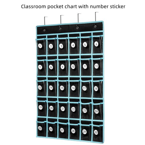 KEEPJOY Classroom Pocket Chart Organizer,Cell Phones Calculator Holder for Classroom with 30 Clear Pockets and Number Sticker Size 33.5x 24.5 Inch (2pack-black)