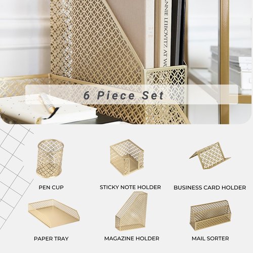 BLU MONACO Gold Desk Organizer Set – Mail Sorter, Sticky Note Holder, Pen Cup, Magazine Holder, Letter Tray & Business Card Holder – Pink Office Decor