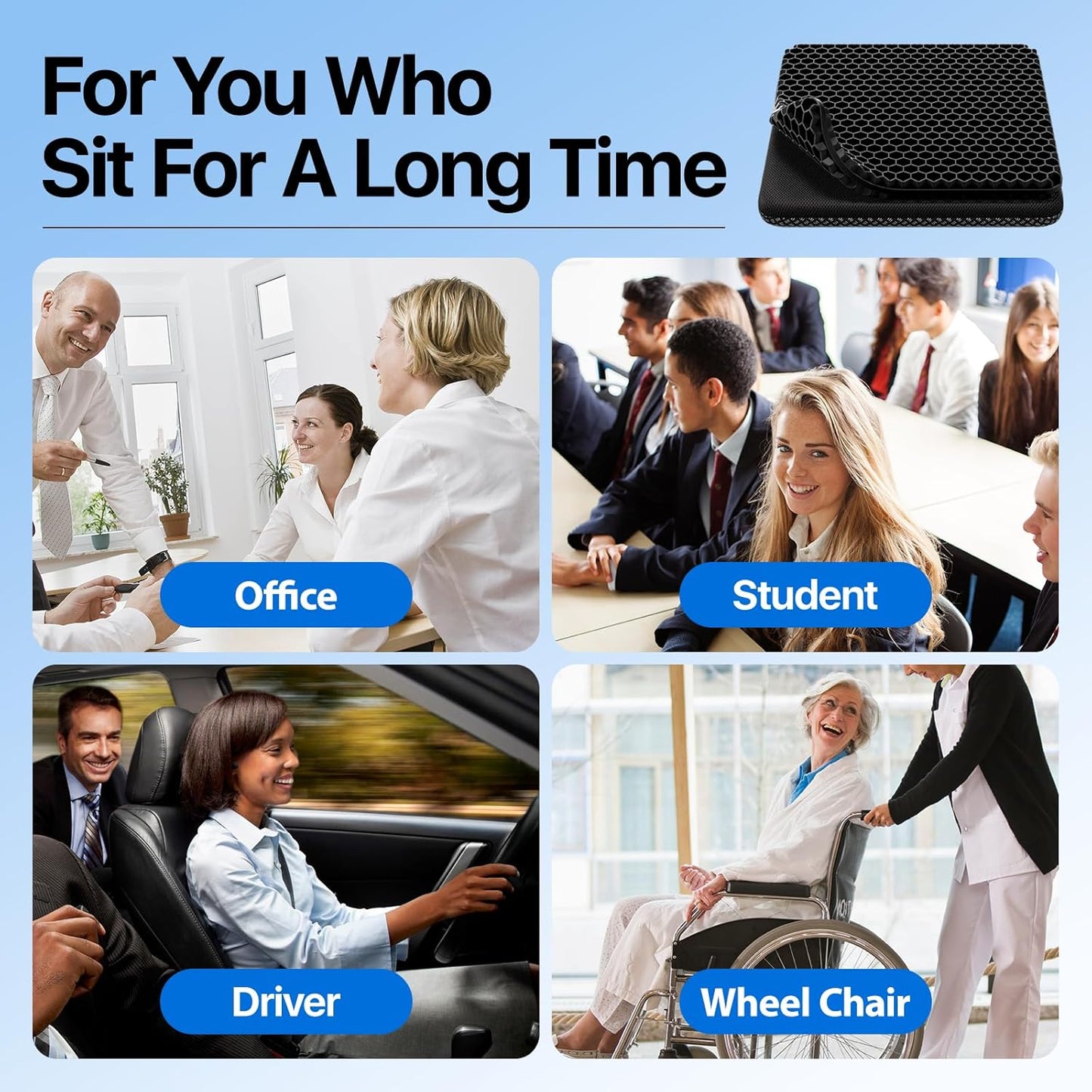 Skiennix Gel Seat Cushion - Cooling Honeycomb Design for Pressure Relief | Non-Slip Cover, Ideal for Office & Home
