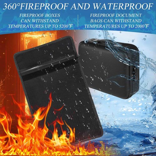 Fullhawl 2 Pack Fireproof File Box and Fireproof Document Bag Set Large Document Box with Lock Waterproof Fire Resistant File Organizer for Cash Certificates Laptop Passports and Valuables