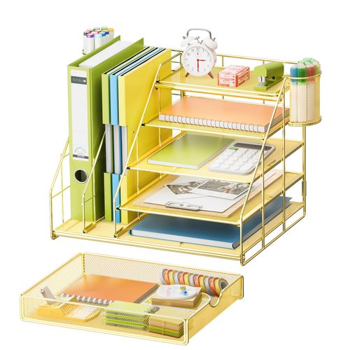 Marbrasse Desk Organizer with File Holder, 5-Tier Desk Organizer and Accessories with Drawer and 2 Pen Holders, Mesh Paper Letter Tray, Desktop Storage for Office Supplies (Gold)