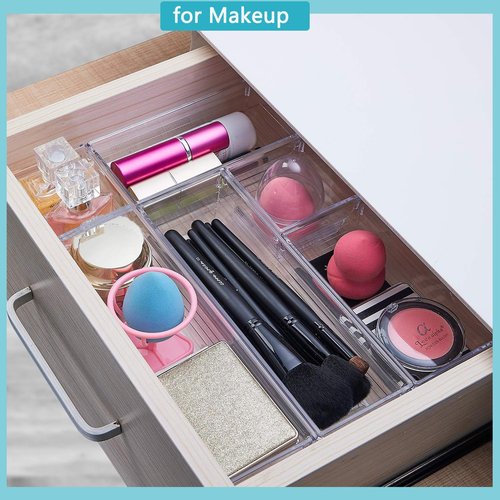 44 PCS Clear Plastic Drawer Organizers Set, 4 Size Versatile Bathroom and Vanity Organizer Trays, Cosmetic Display Cases for Makeup, Jewelries, Bedroom,Kitchen Utensils and Office