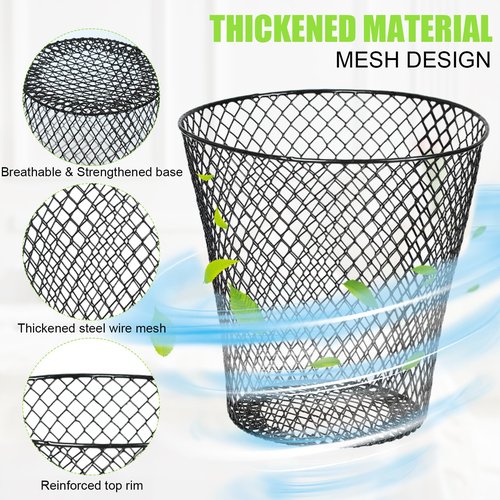 10 Pack Round Waste Basket,Wire Mesh Desk Metal Trash Garbage Can Wastebasket Recycling Black Trash Bins Garbage Container for Bedroom Office School Kitchen Home Living Room Bathroom