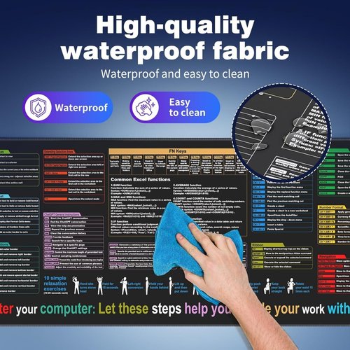 Excel Cheat Sheet Desk Pad - XL Waterproof Mouse Pad with Excel,Word & Office Shortcuts - Computer Mat for Office & Gaming,Desk pad for Keyboard and Mouse (1)