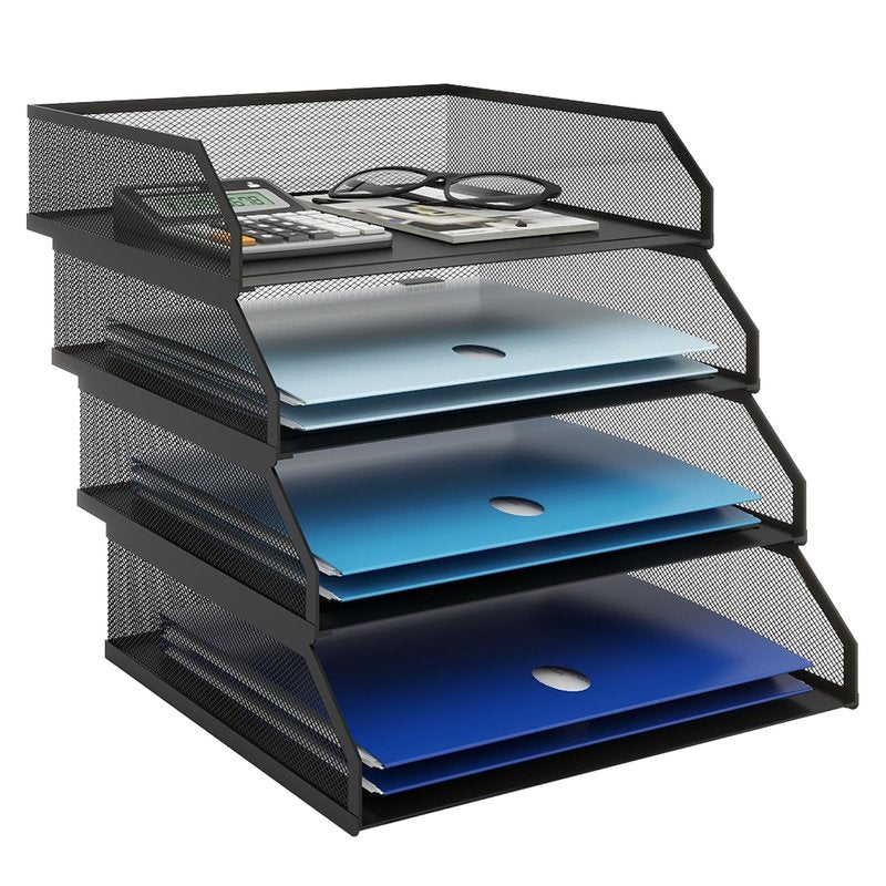 Natwind 4-Tier Stackable Paper Tray, Metal Mesh Desktop Organizer, A4 Paper Sorter, Letter Trays,File Folder Sorter Organizer with Sliding Tray for Home, Office, School (Black)