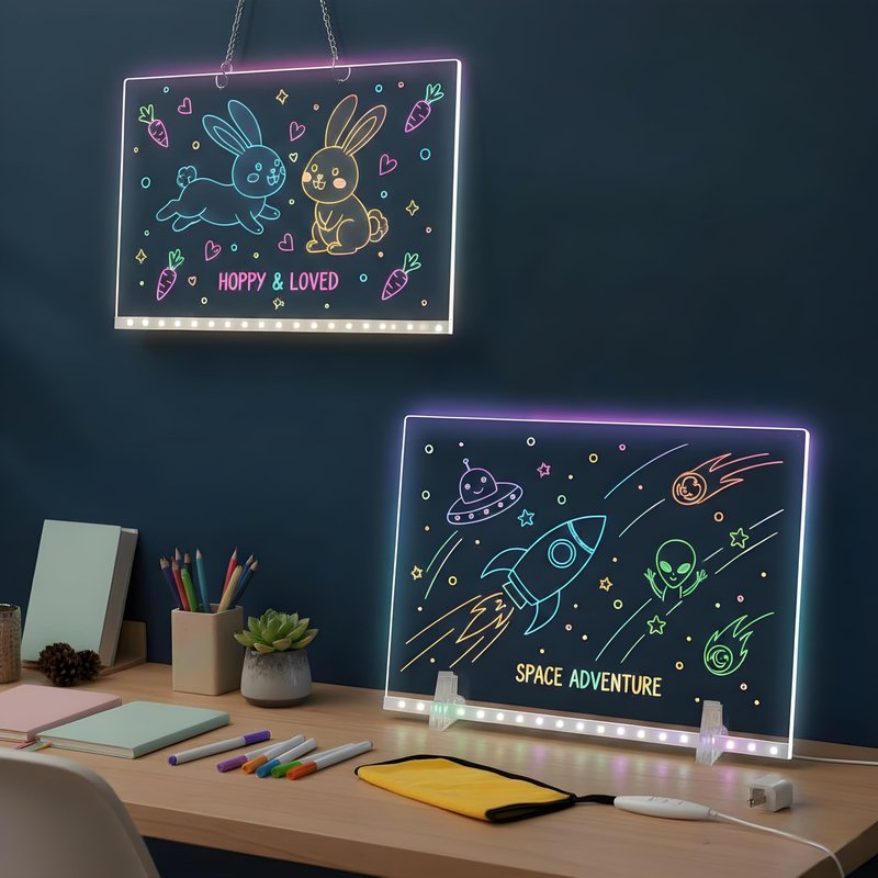 17" Led Drawing Board with 7 Colors,Light Up Cosmody Drawing Board,Glowing Acrylic Dry Erase Board with Light,Portable Doodle Glow LED Note Board, Birthdays, and Classroom Rewards (1PCS)