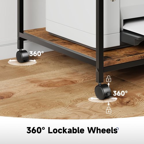 Warmiehomy Under Desk Printer Stand - Large Printer Table with Adjustable Storage Shelf - 2 Tier Rolling Printer Cart with Wheels - Use for 3D, Laser, Home Office (Rustic Brown)