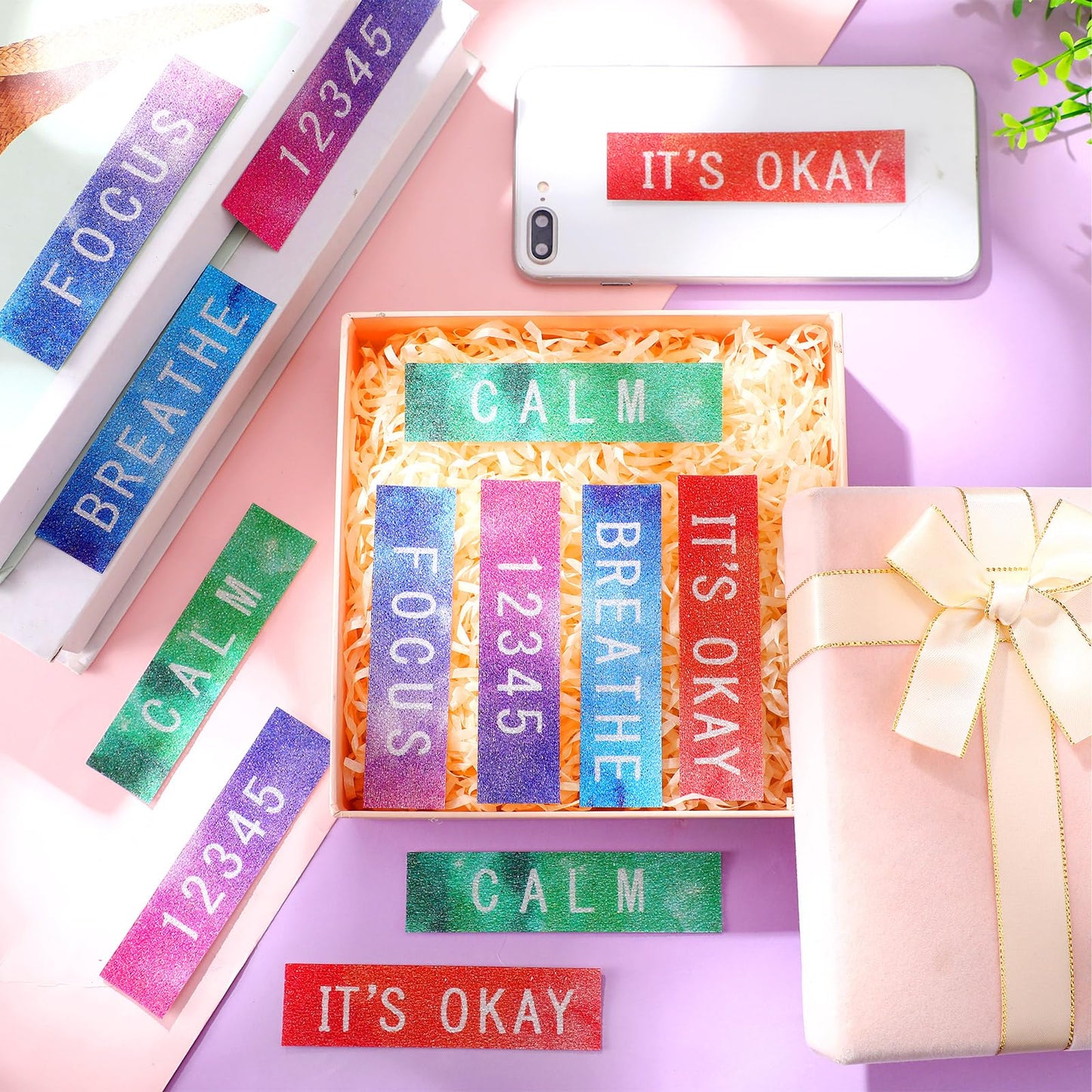 Crtiin 160 Pcs Anxiety Sensory Stickers with Inspirational Quotes Calm Textured Strips Relief Mental Health Stickers School Office Adhesive Sensory Tape Anti Stress Toys (Dreamy Color)