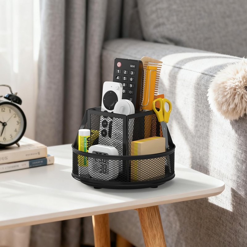 Docnest 360° Rotating Pen Holder,Heavy-Duty Metal Mesh Desk Organizer with 6 Compartments for Pencils,Scissors & Markers –Space Saving Office Supply for Teachers, Students & Home Desk-Black
