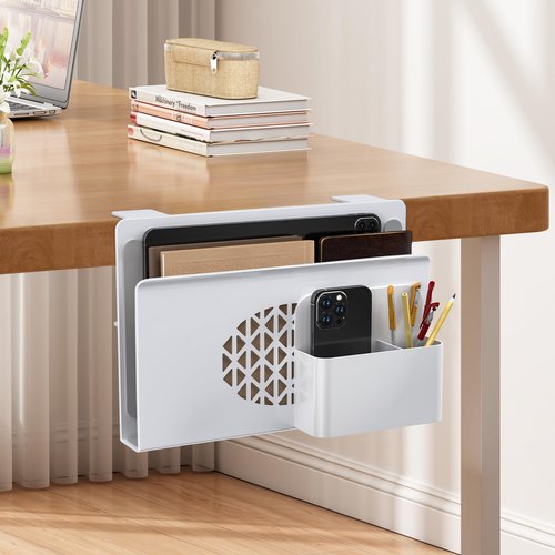 Josmimic Desk Side Storage, Metal Laptop Holder with Magnetic Pen Box, Clamp-On Under Desk Organizer with Cooling Holes & Anti-Scratch Pads for Office and Home (White)