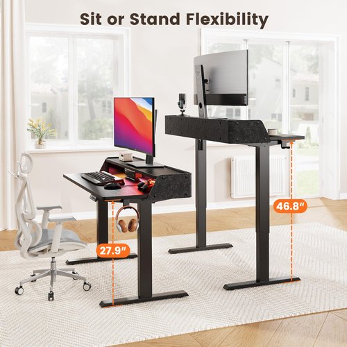 ErGear Standing Desk with LED Strip, 48″ x24″ Electric Height Adjustable RGB Gaming Desk with Shelf, Sit Stand Desk with Dual Cable Holes, C-Clamp Mount Compatible, 4 Preset Heights, Black