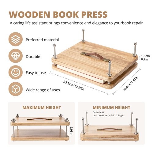 FUXAFU Wooden Book Press - 14.7x11.4 Large Craft Press with Comfort Grip Handle & Non-Slip Round Foot Pads, Ideal for Bookbinding, Scrapbooking, and DIY Projects