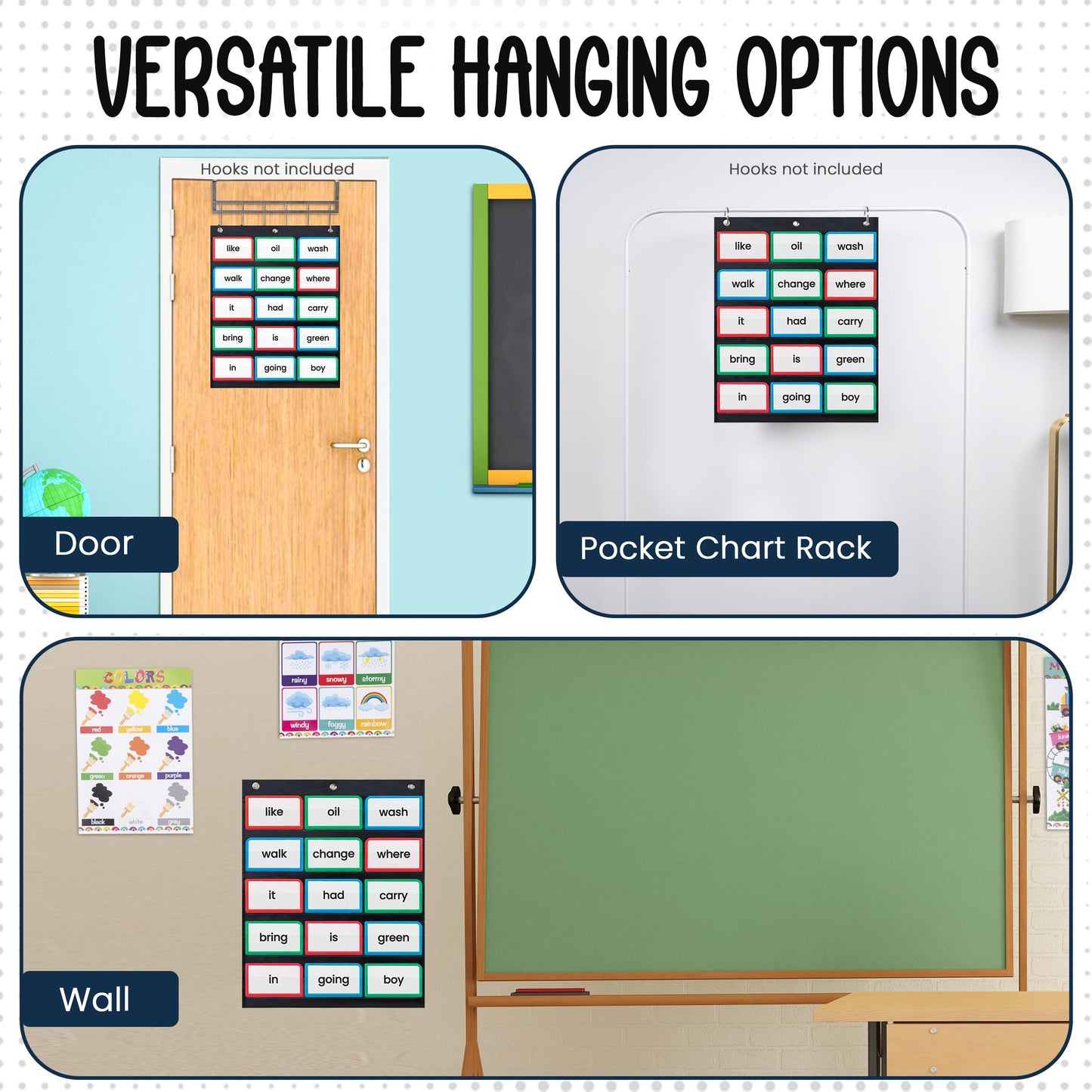 Essex Wares - 17" Wide x 22" Tall Pocket Chart, Black - Sturdy Pocket Chart for Classroom for Sentence Strips - Easy to Use & Hang, Reusable Black Pocket Chart