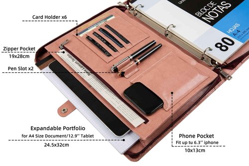 3-Ring Portfolio Padfolio for Women, Vegan Leather Binder, Pink, Zipper, Handmade Portfolio Organizer, Personalized for Lefty & Righty