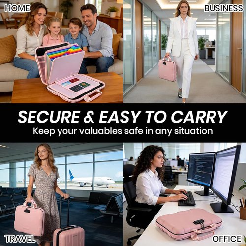 Fireproof Document Box - Hard Case File Organizer with Lock & 13 Pocket Accordion Folder | Portable Safe for Important Documents (Pink)