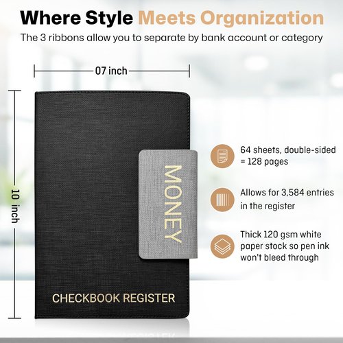 Luxury Magnetic Closure Checkbook Register – 10" x 7", PU Leather, Gold Foil Imprint, 3 Bookmark Ribbons, 64 Double-Sided Pages, Thick 120 GSM Paper, 3,584 Entries, Large Print, Lay-Flat Design