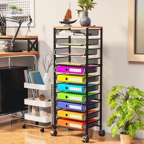 Simple Trending 12 Tier Rolling File Cart,Wood Desk File Organizer with Sliding Trays and Wetal Mesh Paper Letter Storage Multi-Functional Rolling Clutter Cart for Office, Home, School, Black