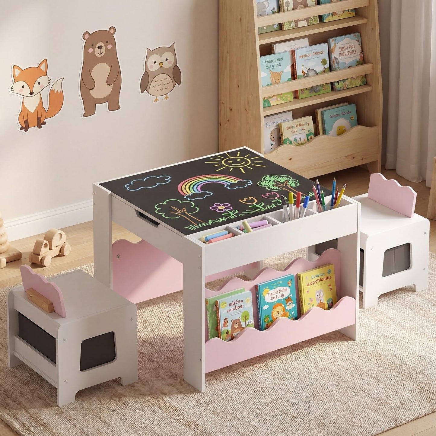 Costzon Kids Table and Chairs, Wooden 4-in-1 Activity Desk Set w/Double-Sided Tabletop, Chalkboard, Bookshelves, Small Compartments & Fabric Drawers, Children Furniture Set for Art & Crafts (Pink)