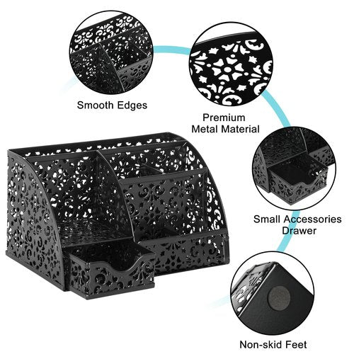 EasyPAG Desk Organizer with Sliding Drawer - 6 Compartments Metal Desktop Caddy, Decorative Elegant Hollow Flower Design, Anti-Scratch Pads for Home, Office, School, Black