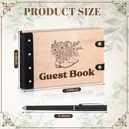 Engrowtic Western Cowboy Wedding Guest Book with Pen Wooden Guestbook Wedding Reception with Leather 7 x 10 Inches Wood Grain Guest Book Signing for Birthday Bridal Shower Baby Shower Decor