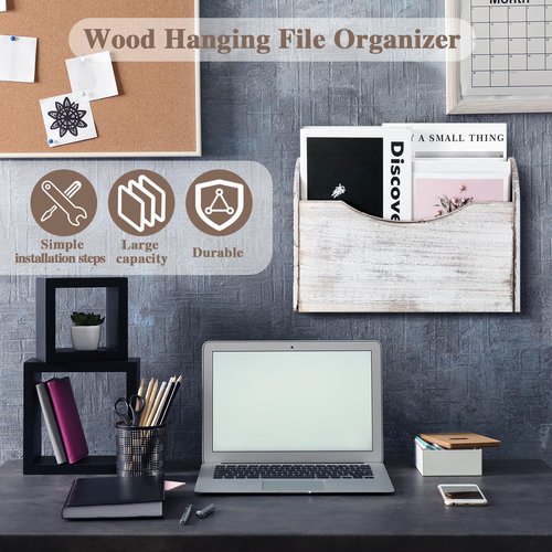 Suzile Wall Mounted File Holder Wood Magazine Holder Wall Hanging File Organizer for Office Mail Magazine Letter Paper Folder Organization(White)