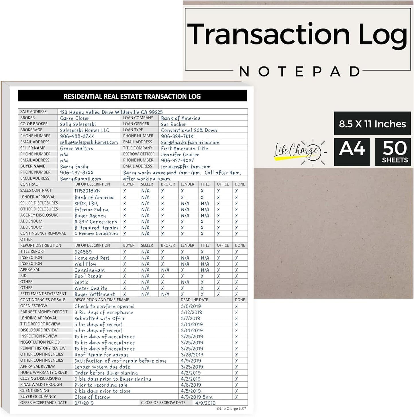 Real Estate Transaction Log Book for Realtors, Closing Checklist & Deal Tracker with Deadlines & Document Tracking – Life Charge