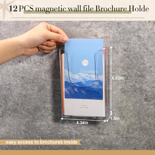 Fullhawl 12 Pcs Magnetic Brochure Holder 4x6 Inch Flyer Holder Acrylic Brochure Holders Attaches to Metal Surfaces Magnetic Trifold Holder Holds for Office Exhibition Advertising