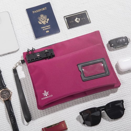 KOSMCCO Lockable Money Bag - 11x8.6 Inch Durable Nylon Bank Pouch Travel Organizer for Passport, Cash, Medicine, Notary Supplies & Valuables (Rose Red)