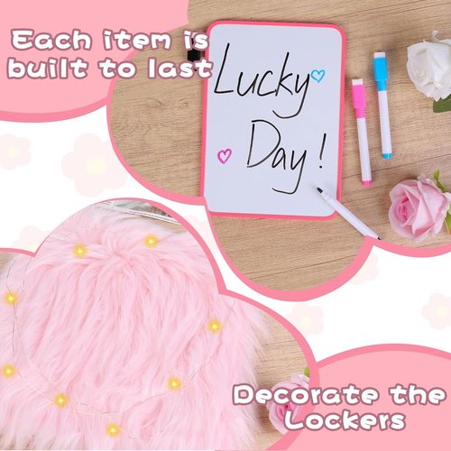 Skiennix 18 PCS Pink Locker Accessories Kit - Stylish Decor for Girls | Includes Whiteboard, Mirror, and Lights