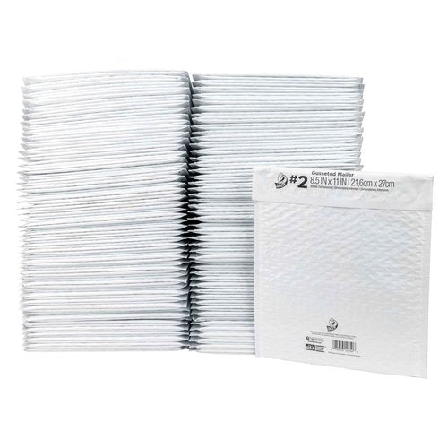 Duck Brand #2 Gusseted Self Seal Poly Bubble Mailer Lined with Bubble Cushioning for Shipping and Mailing, White, 8.5 In x 11 In, 100 Pack (287992)