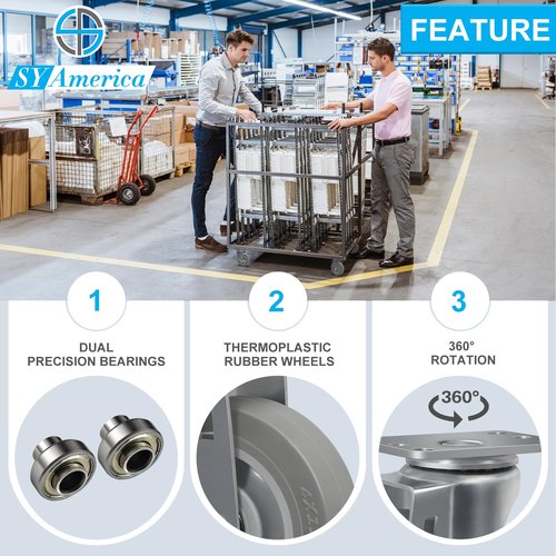 SY America 4" Caster Wheels,Industrial Casters, Heavy Duty Casters Set of 4,Non-Marking Thermoplastic Rubber Castor Wheels for Cart, Furniture and Workbench, 2 Brake & 2 Rigid, 1200 lbs Capacity