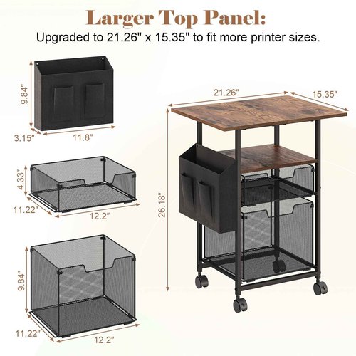 Rolling File Cabinet with Extended Desktop,2 Drawer Small File Cabinet for Home Office,Under Desk Storage with Side Bag,Filing Cabinet Cart File Folder Organizer with Wheels,Printer Stand Storage Cart