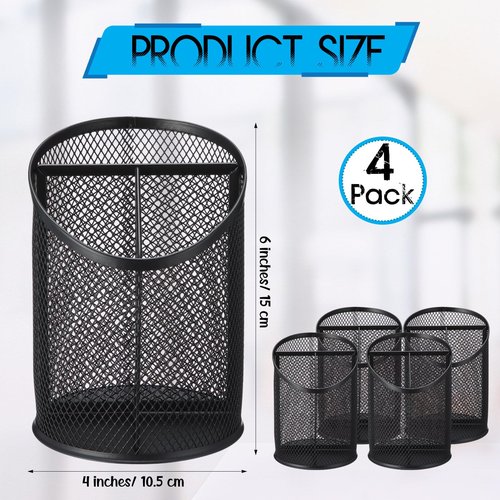 Sherr 4 Pack Mesh Pencil Holder Metal Pen Cup for Desk Round Pen Holder with 3 Compartments Desktop Pencil Organizer for Office Home School Tabletop