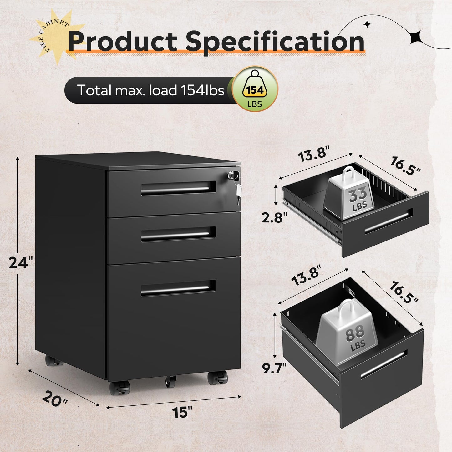 DEVAISE 3-Drawer Metal File Cabinet with Lock, Mobile Filing Cabinet Under Desk for Home Office, Fully Assembled Printer Stand fits A4/F4/Letter/Legal Size, Black, 20" D x 15" W x 24" H