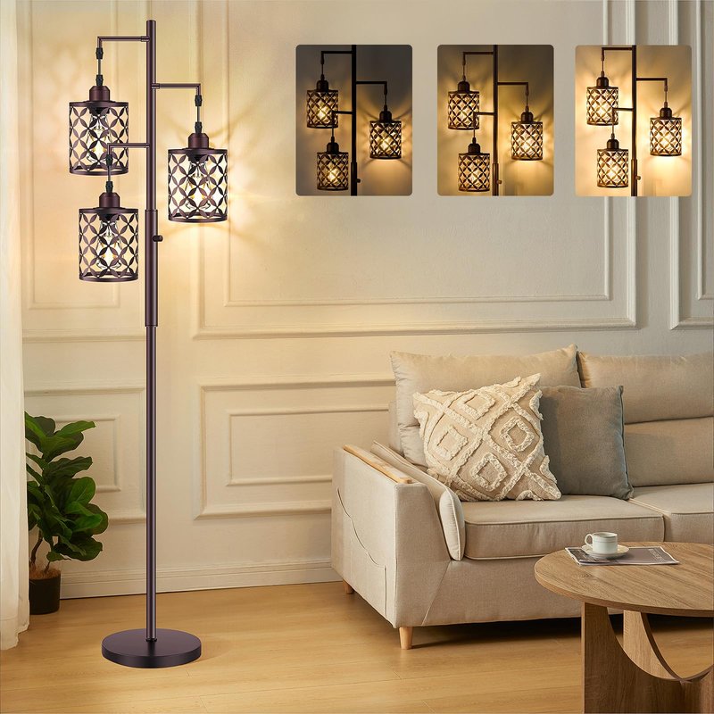 GHOOCEMLUX Dimmable Floor Lamp, Farmhouse Standing Lamp with Elegant Metal Cage, Industrial Tall Tree Floor Lamps for Living Room Bedroom Study Room Office, 3 x 800LM LED Bulbs Included - 68", Brown