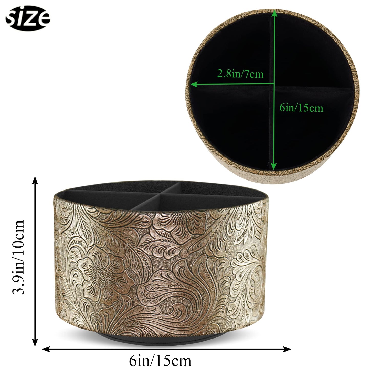 lizimandu Round Leather Art Supply Organizer,Remote Control Holder,360 Degree Spinning,Multi-Functional Pencil Holder,4 Compartments Desktop Stationary Organizer(1-Gold)