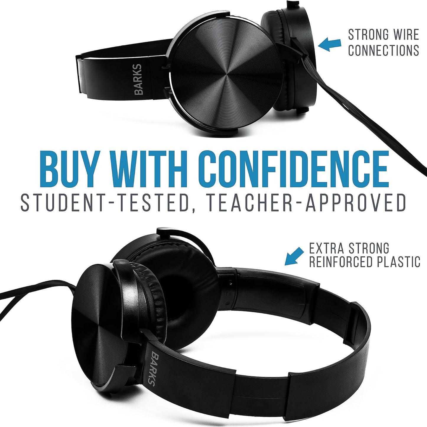 Barks Classroom Headphones - Premium On-Ear Student Headphones | 10 Pack, Stealth Color, Noise Reducing, Durable & Comfortable for K-12 Schools