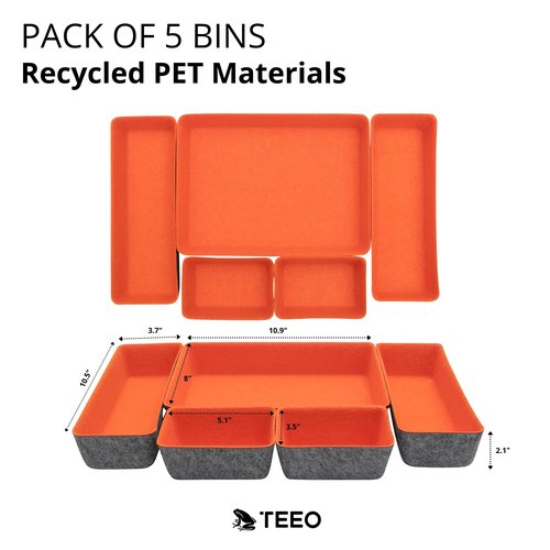 Teeo - Drawer Dividers Organizers - Makeup Trays for Vanity - Drawers Organizer - Office Drawer Organizer - Home Office Desk Cosmetic Bins Dividers Box Compartment Organization - Pack of 5, Orange