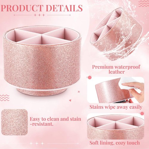 Epakh Pink Pencil Holder for Desk 360 Degree Rotating Bling Rose Gold Pen Organizer PU Leather Glitter Desk Accessories for Gift Women Office Classroom Home Bling Pink(Pen Not Included)