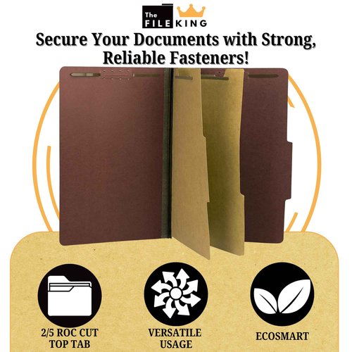 The File King Two Divider Legal Size Pressboard Classification File Folder - Brick Red | Made in America | Box of 10 | Top Tab | 2” Expansion | Durable 2-Inch Fastener Prongs