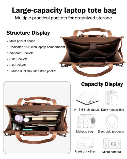FADEON Laptop Bag for Women Designer PU Leather Large Tote Bags Packpack Purses with 15.6 Laptop Compartment Travel Shoulder Handbag Brown