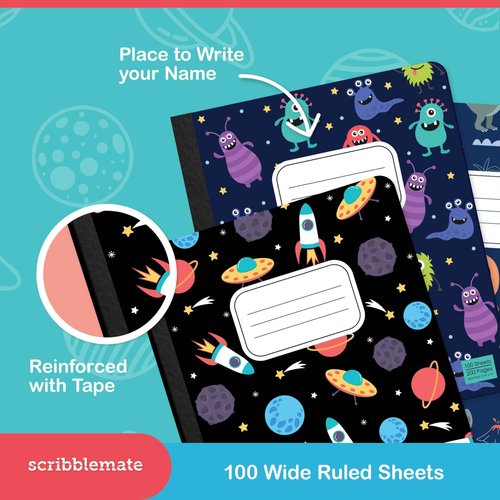 ScribbleMate Cute Composition Notebook Wide Ruled, Composition Notebpooks for Kids, Wide Ruled Composition Notebook for Boys and Girls. 100 Sheets 200 Pasges. 9.75” x 7.5” (12 Pack)