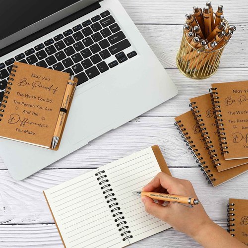 Yeaqee 30 Sets Employee Appreciation Gift Thank You Gifts 30 Pcs Inspirational Spiral Kraft Notebook and 30 Pcs Motivational Bamboo Pen Retractable Wooden Pen for Colleague Employee Nurse Teacher