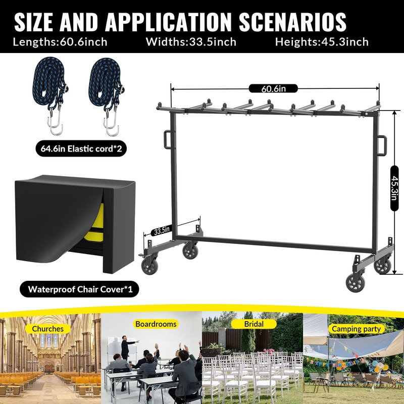 Folding Chair Cart, 500 LBS Capacity, Holds 42 Folding Chairs or 12 Tables, Heavy Duty Metal Rack with Outdoor Cover and 360° Rubber Locking Wheels
