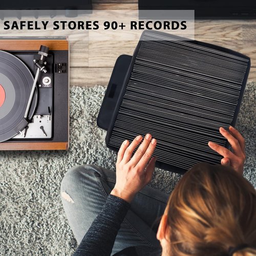 Vinyl Record Storage Box for 12inch LPs,Holds up to 80 Albums,Collapsible Storage Crate with Lid&Handles for Valuable Album Collection (black, 13inch)