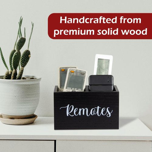 Black Wooden Remote Control Holder for Table, TV Remote Holder, 2 Compartments Ash Wood Remote Organizer Caddy with Handle, Wooden Remote Box for Nightstand,Living Room Office, Office Desk, Side Table