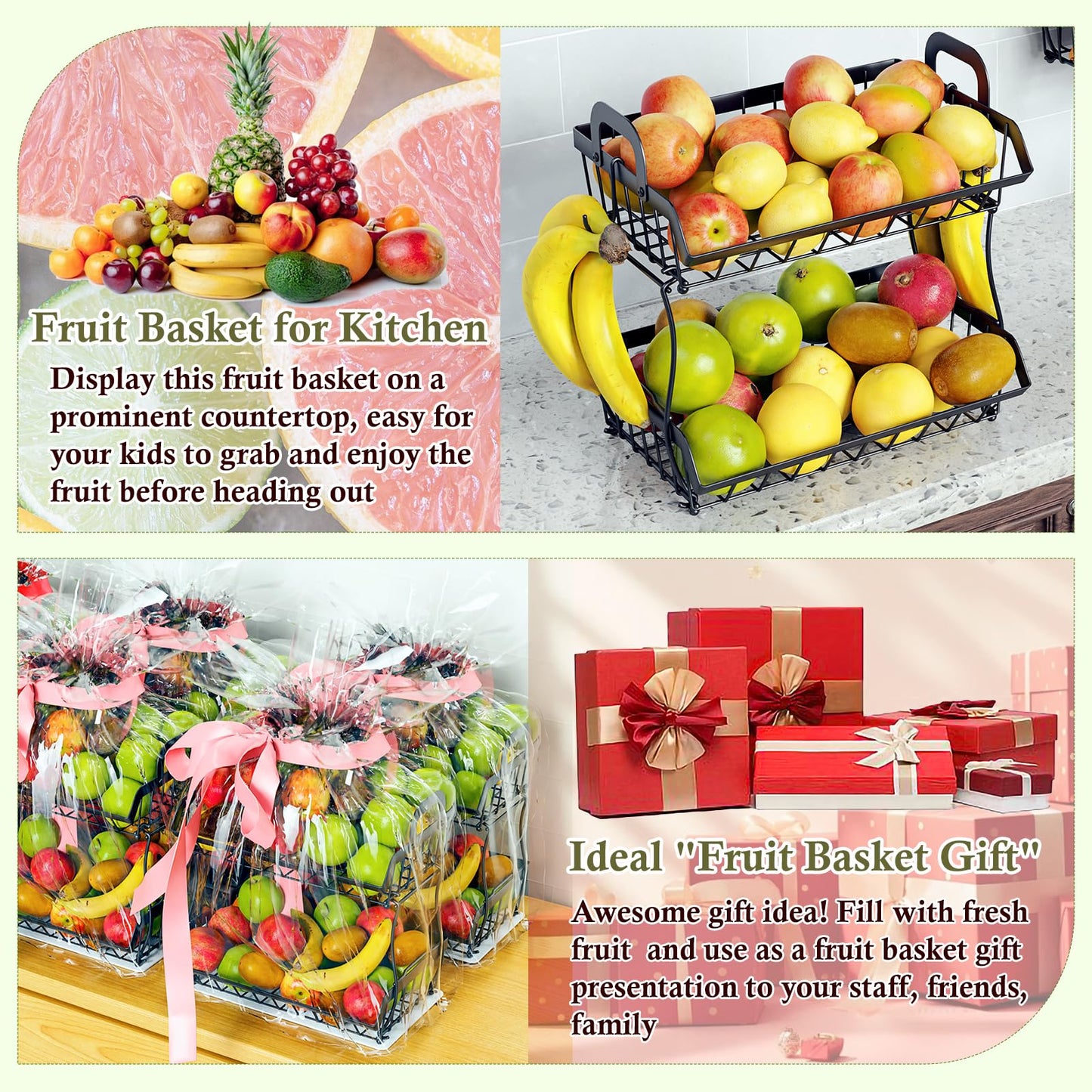 OKZEST 2-Tier Fruit Basket for Kitchen Counter with 2 Banana Hangers, Hanging Fruit Storage Basket Stand, Metal Fruit Organizer Bowl with Handles for Storage Potato Onion Bread Snack Vegetable